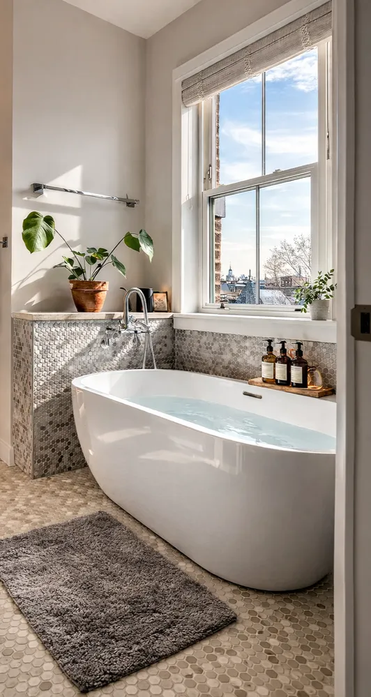 a white bath tub sitting in a window