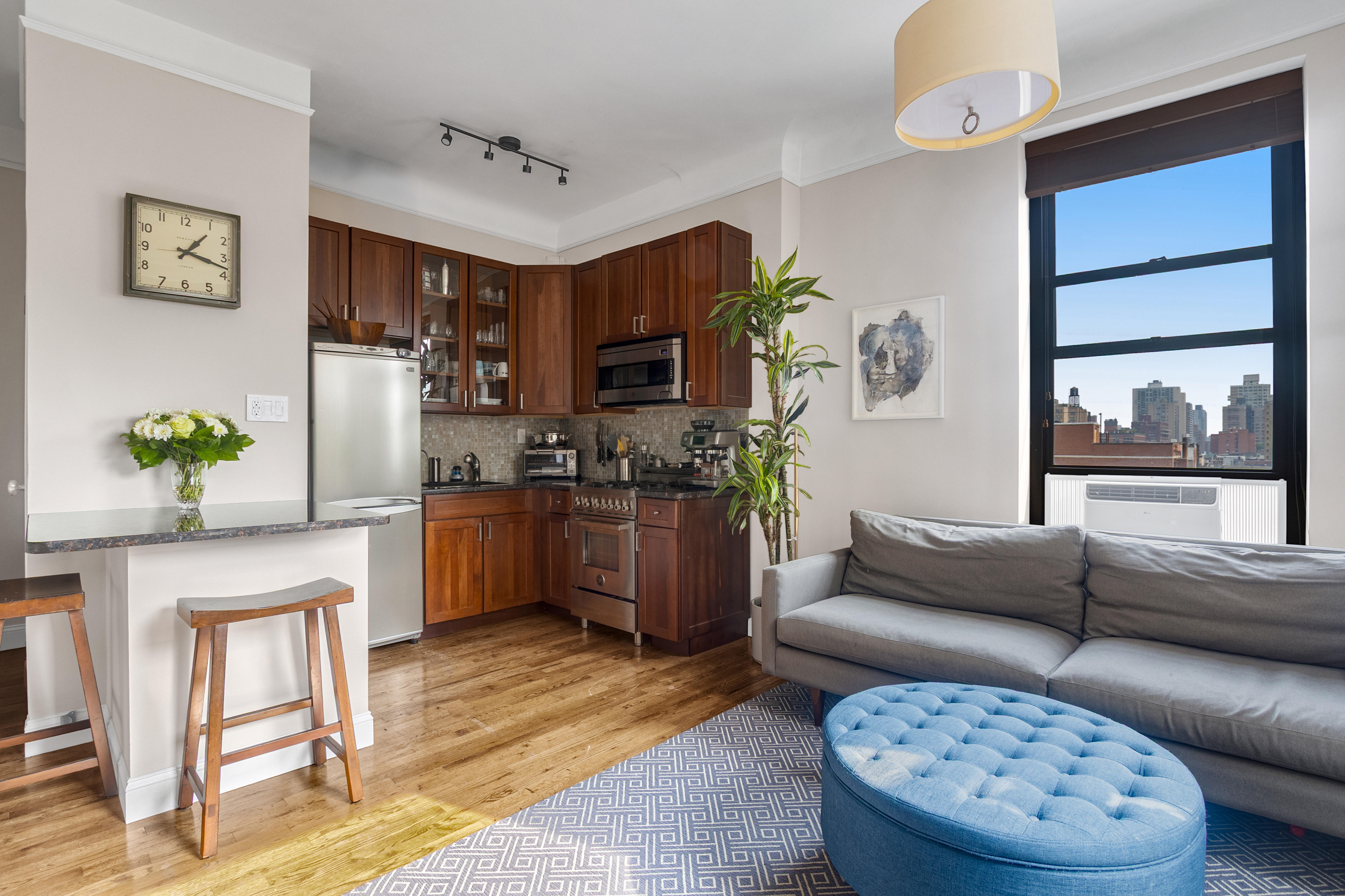 51 West 81st Street, Unit 9D Manhattan, NY 10024 - Photo 2 of 15 a living room with stainless steel appliances furniture a rug and a window