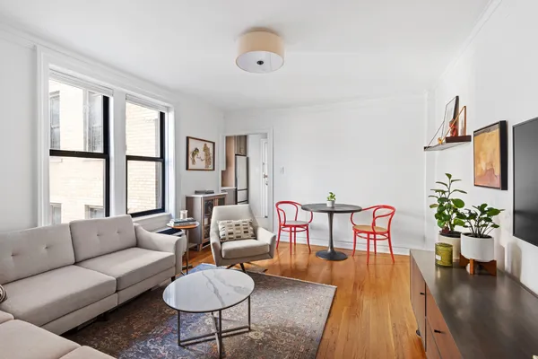 a living room with furniture potted plant and a large window