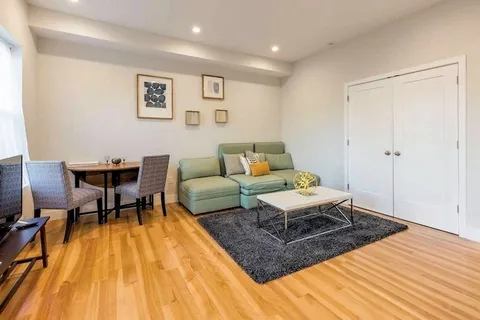 a living room with a couch and a rug