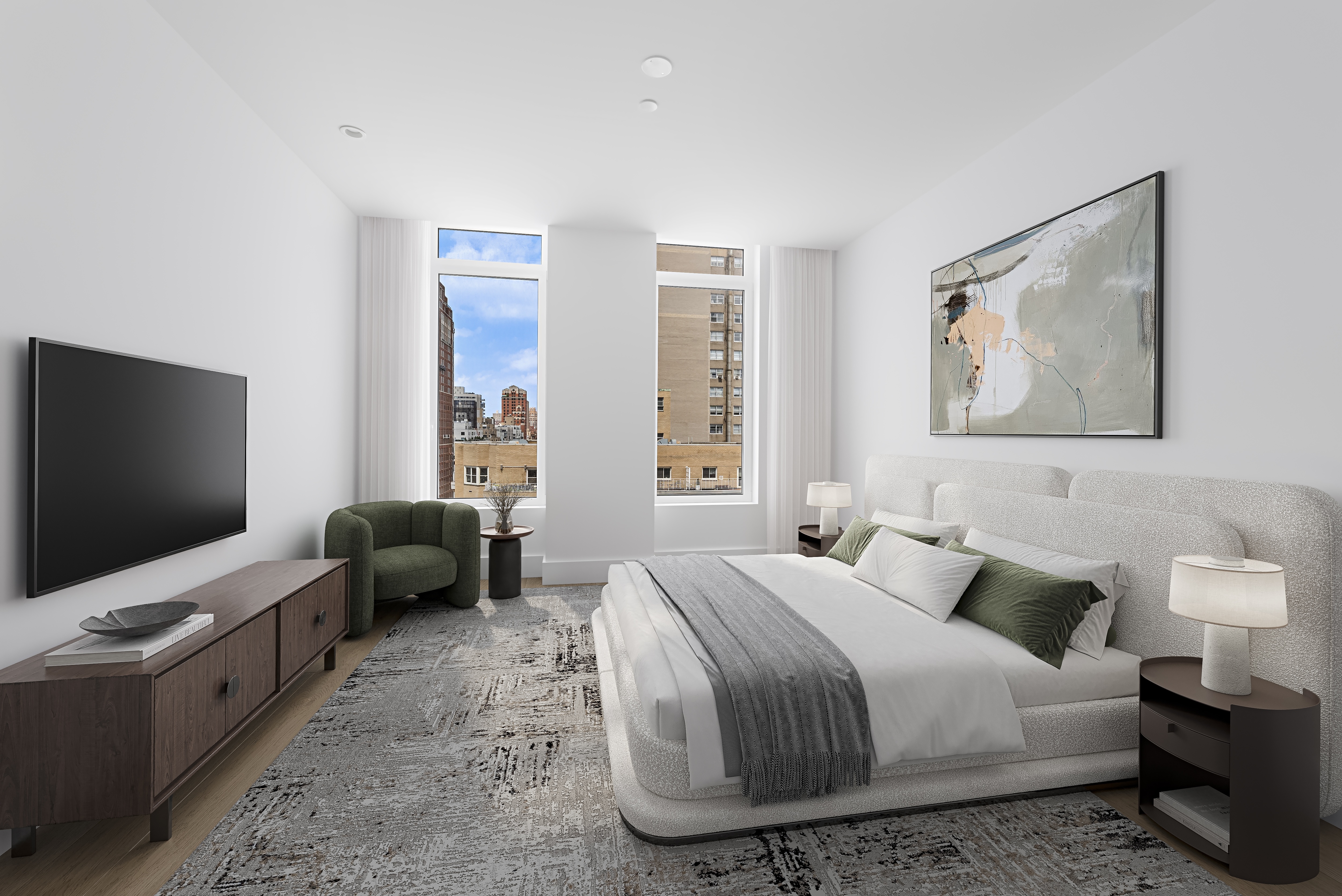 1059 3rd Avenue, Unit 18B Manhattan, NY 10065 - Photo 6 of 11 a bedroom with bed and a flat screen tv