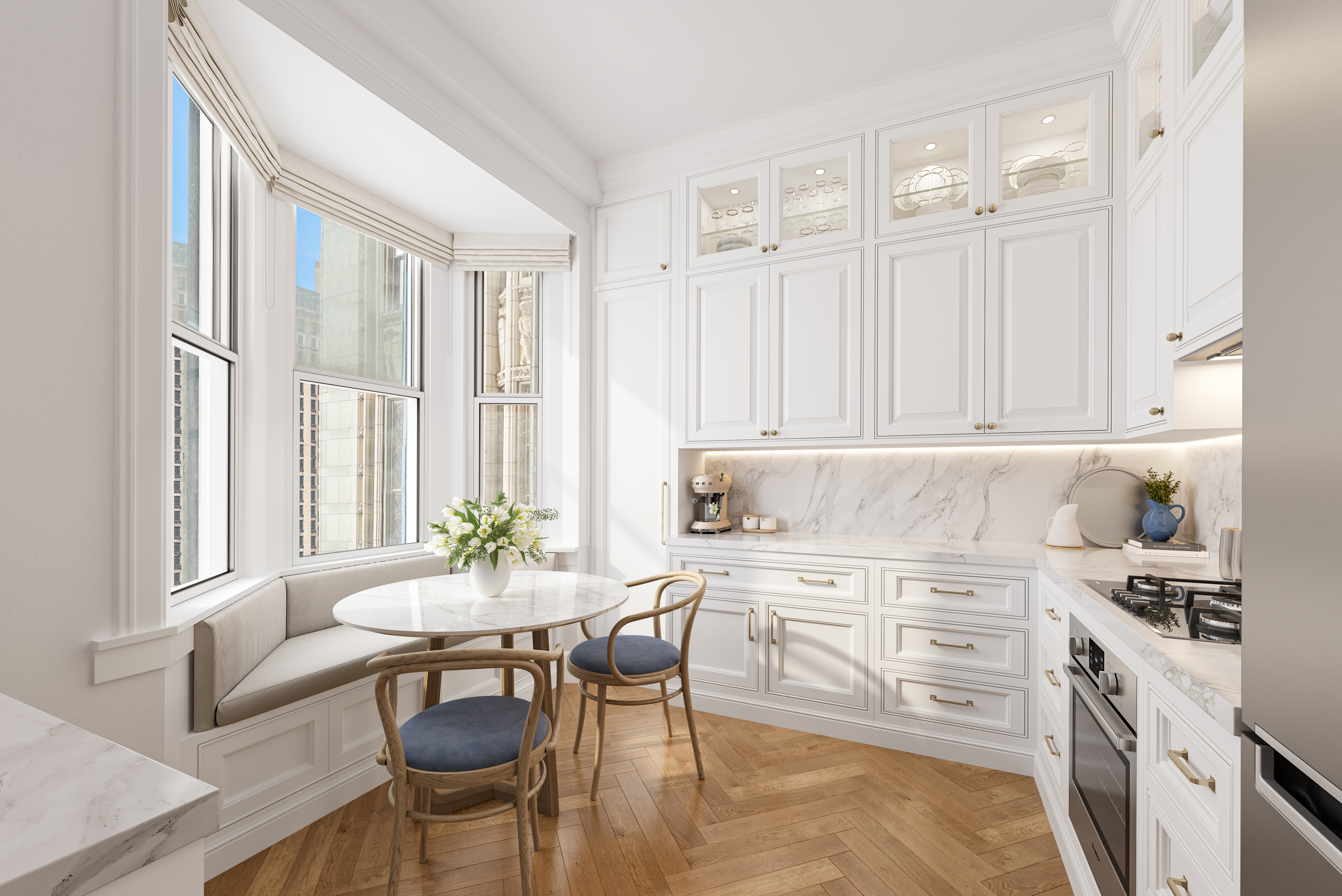 a kitchen with a dining table chairs and white cabinets