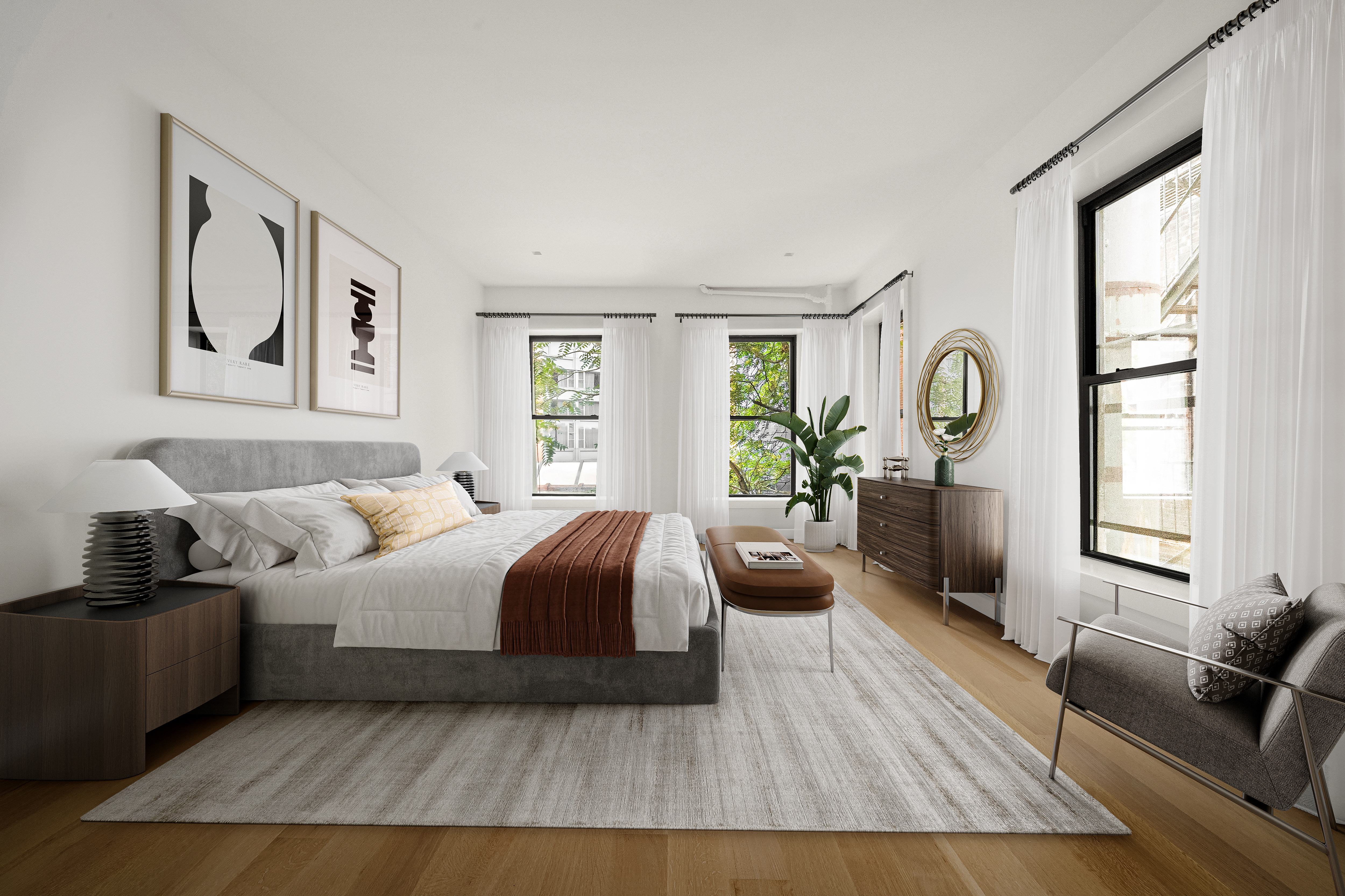 243 West Broadway, Unit 4 Manhattan, NY 10013 - Photo 6 of 12 a bedroom with a large bed couch and windows