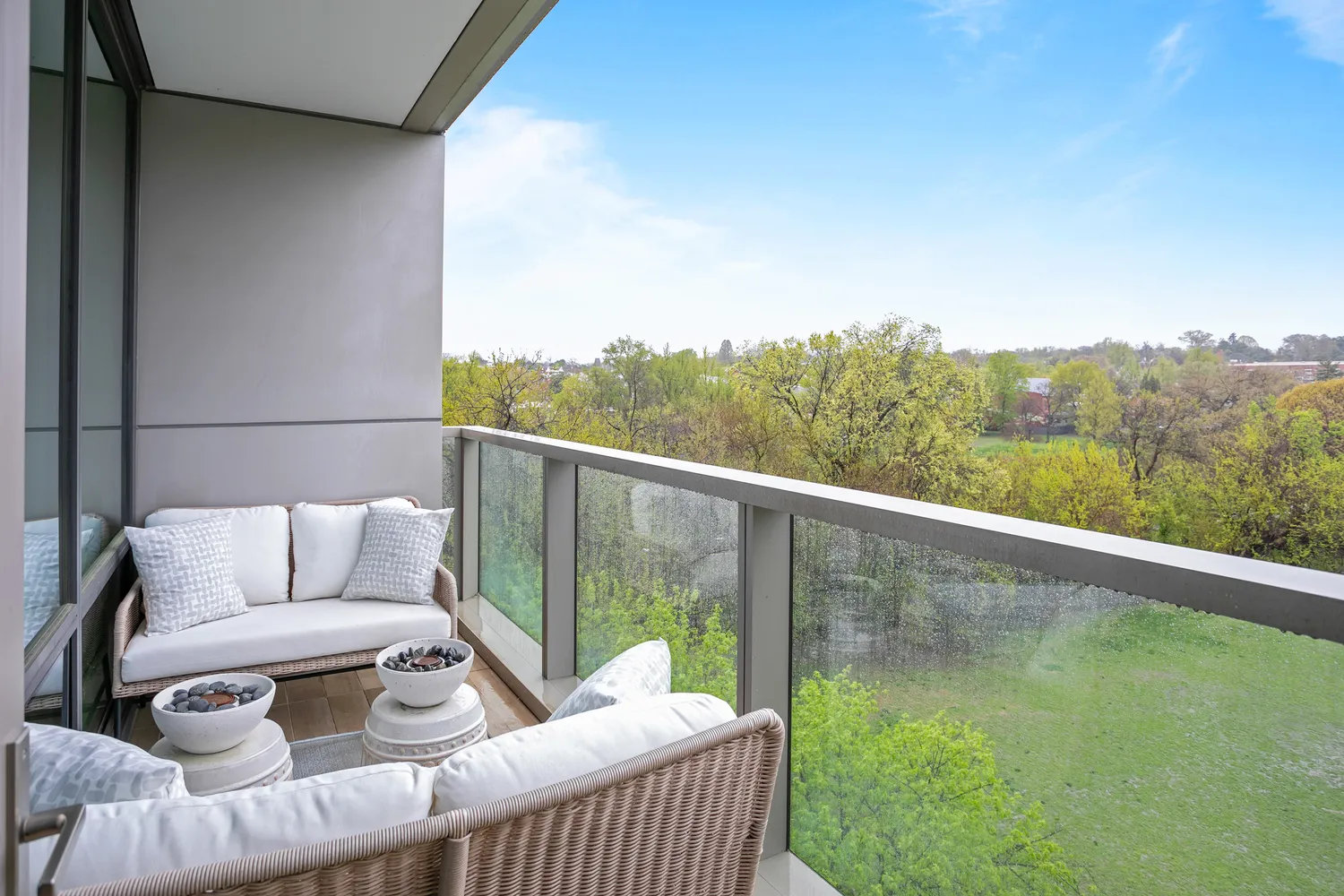 a balcony with wooden floor