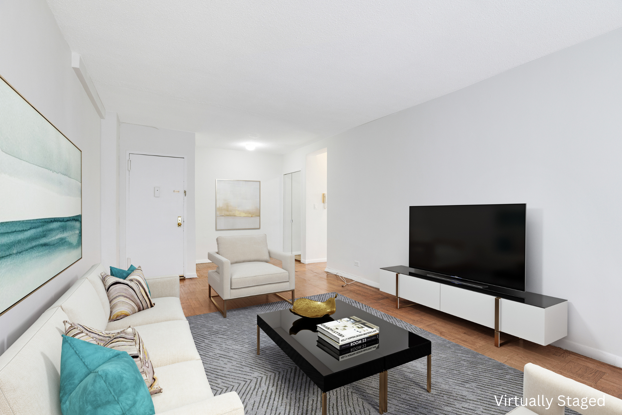 210 East 47th Street, Unit 7J Manhattan, NY 10017 - Photo 2 of 12 a living room with furniture and a flat screen tv