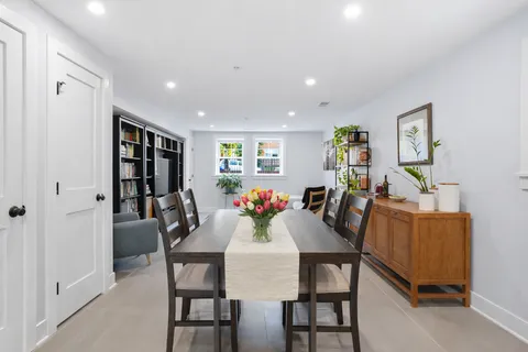 a view of a dining room with furniture