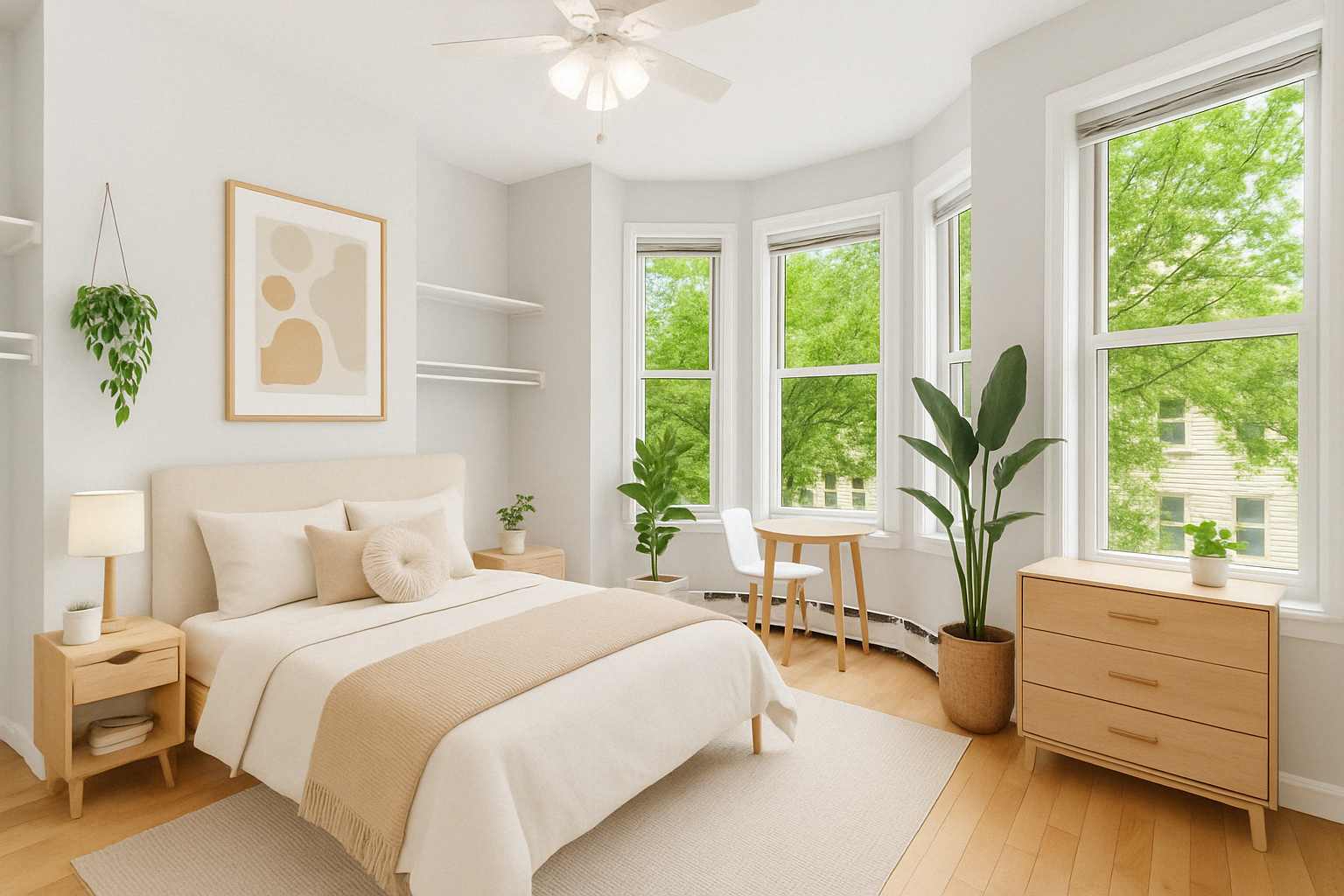 a bedroom with a bed and a large window