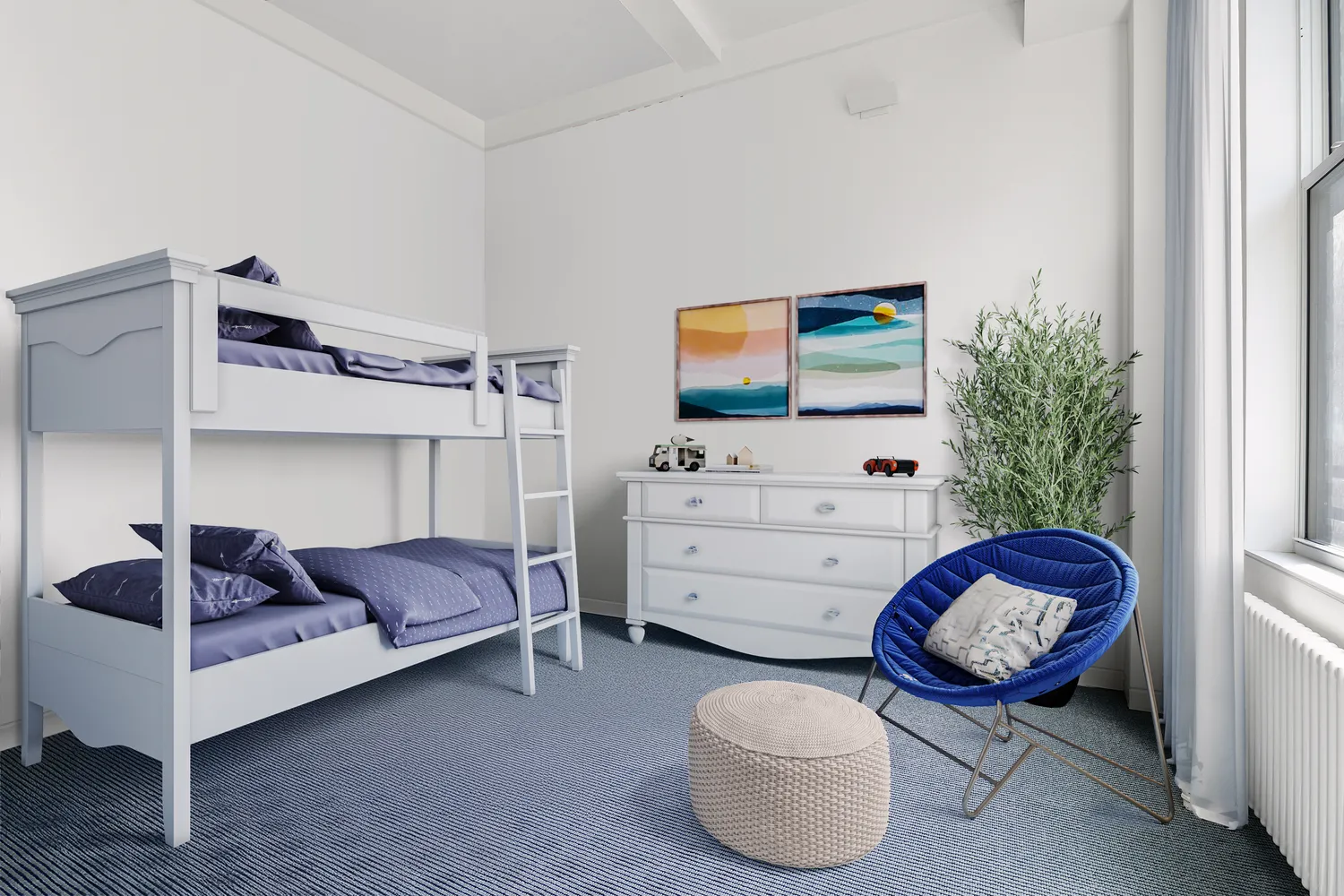 a bedroom with a bed and large window