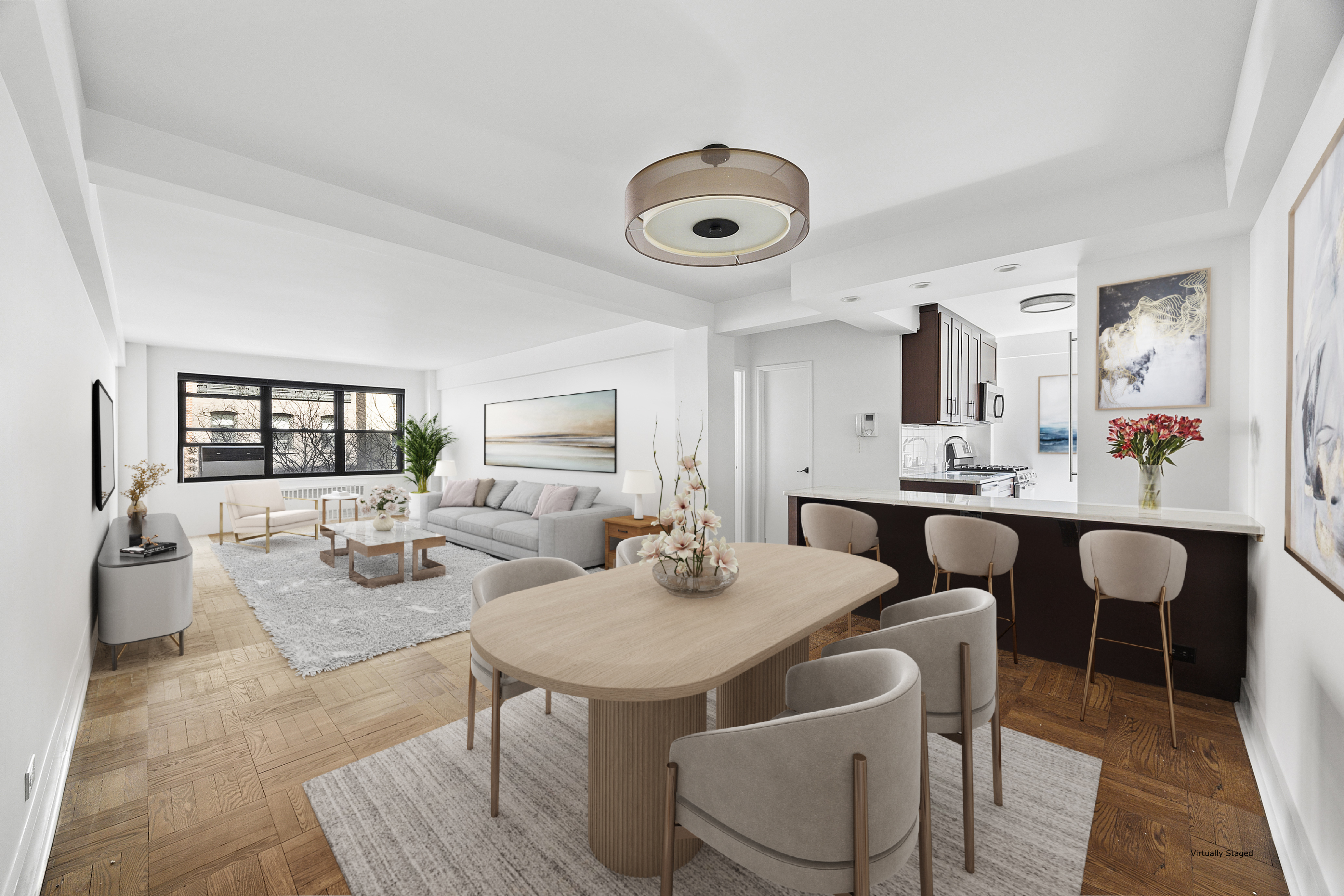 a view of a dining room with furniture and wooden floor