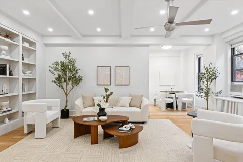 a living room with furniture potted plant and a window