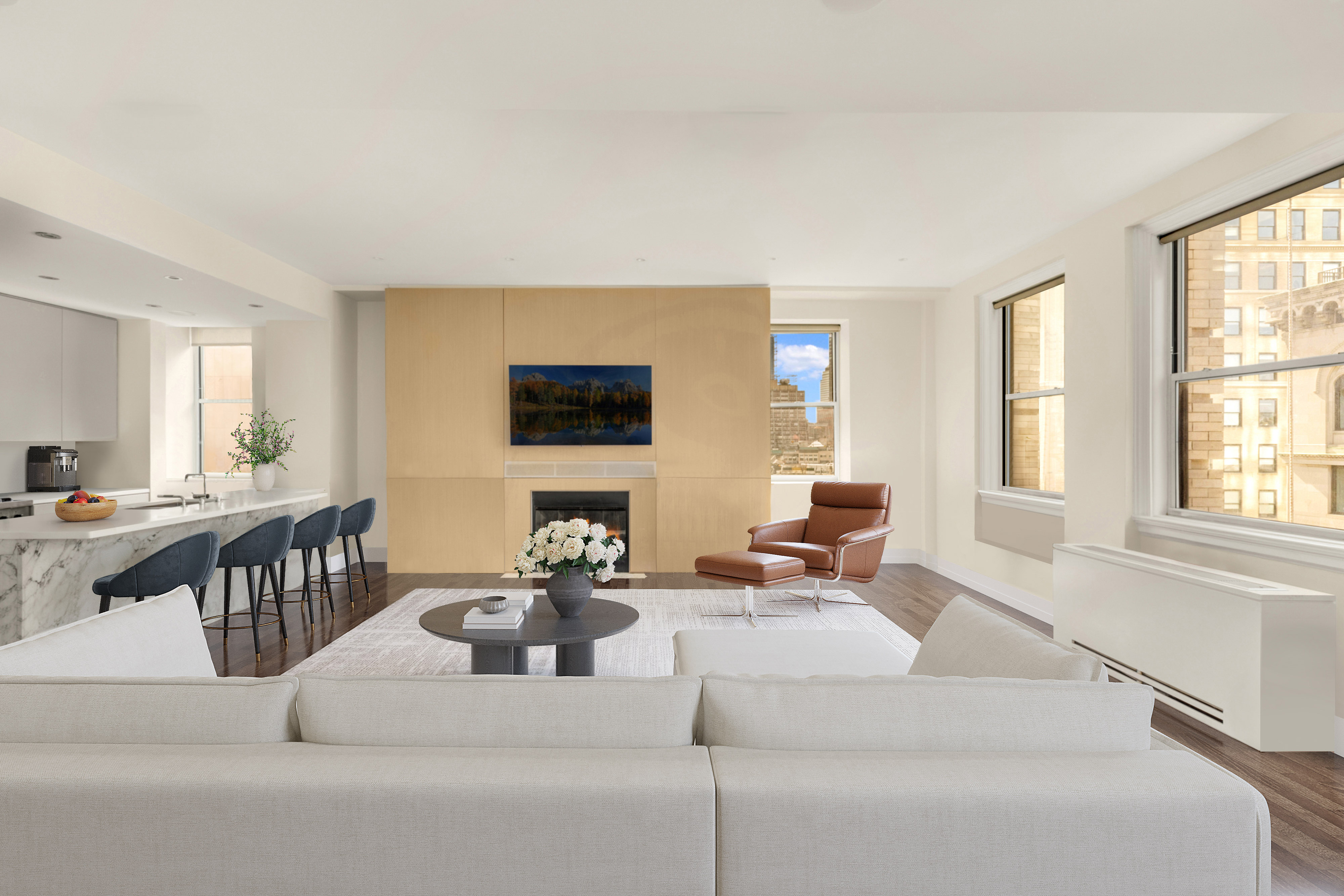 a living room with fireplace furniture and a flat screen tv
