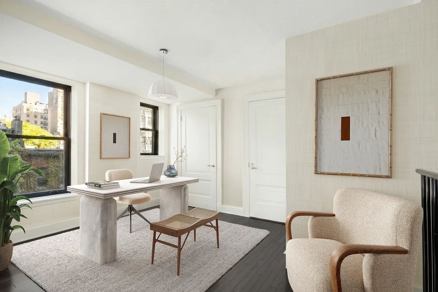 a room with furniture a large window and a table