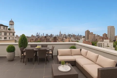 a view of a roof deck with furniture and a potted plants