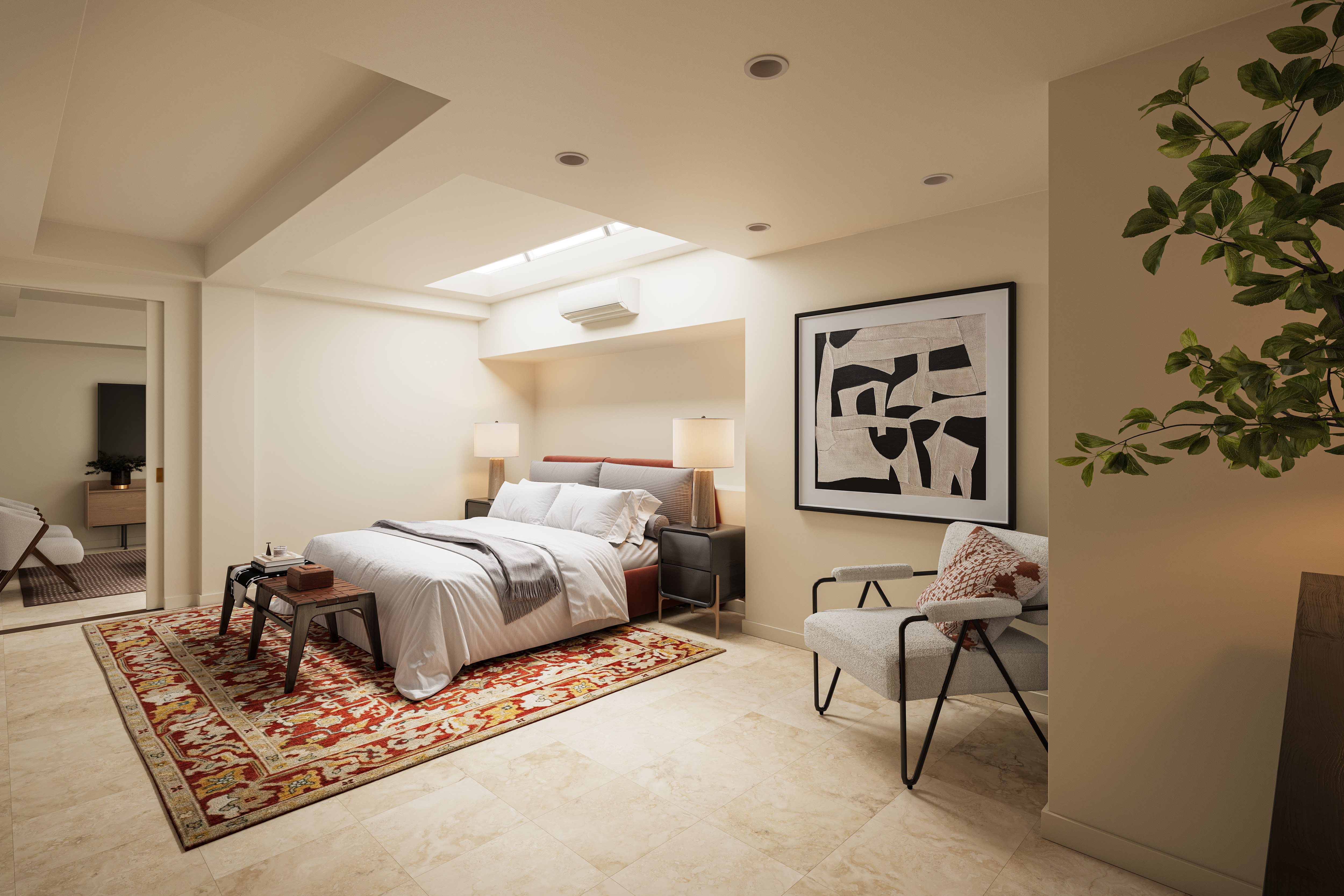 357 West 12th Street, Unit 1E Manhattan, NY 10014 - Photo 9 of 12 a bedroom with a large bed and a chandelier