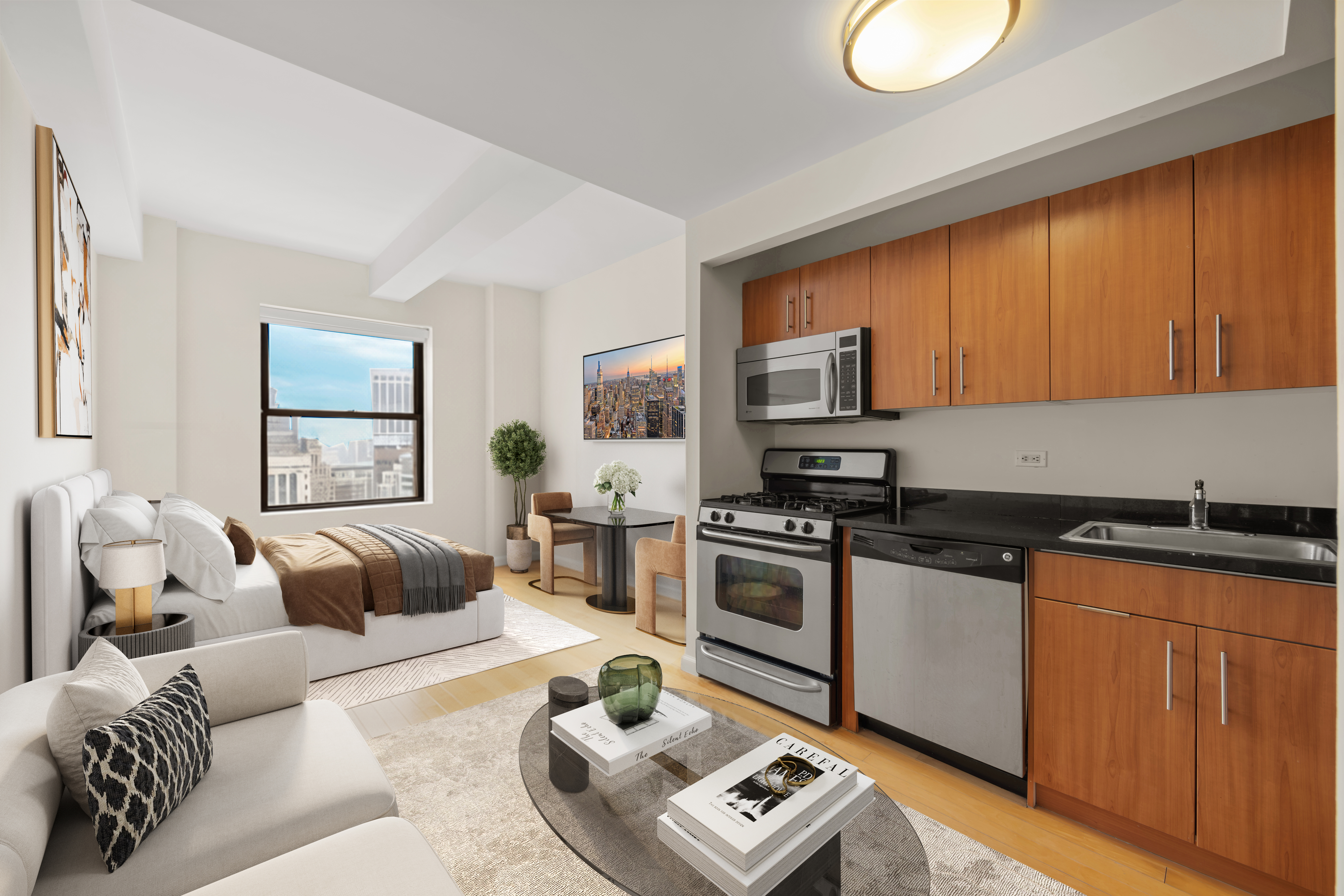20 West Street, Unit 41D Manhattan, NY 10004 - Photo 4 of 17 a living room with furniture a rug kitchen view and a window