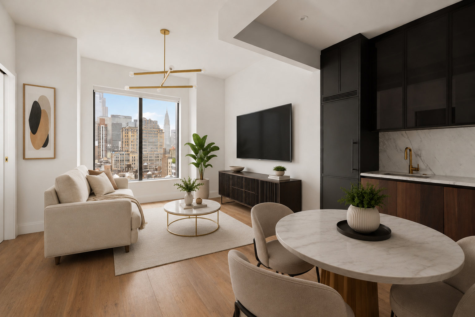 a living room with furniture a flat screen tv and a view of kitchen