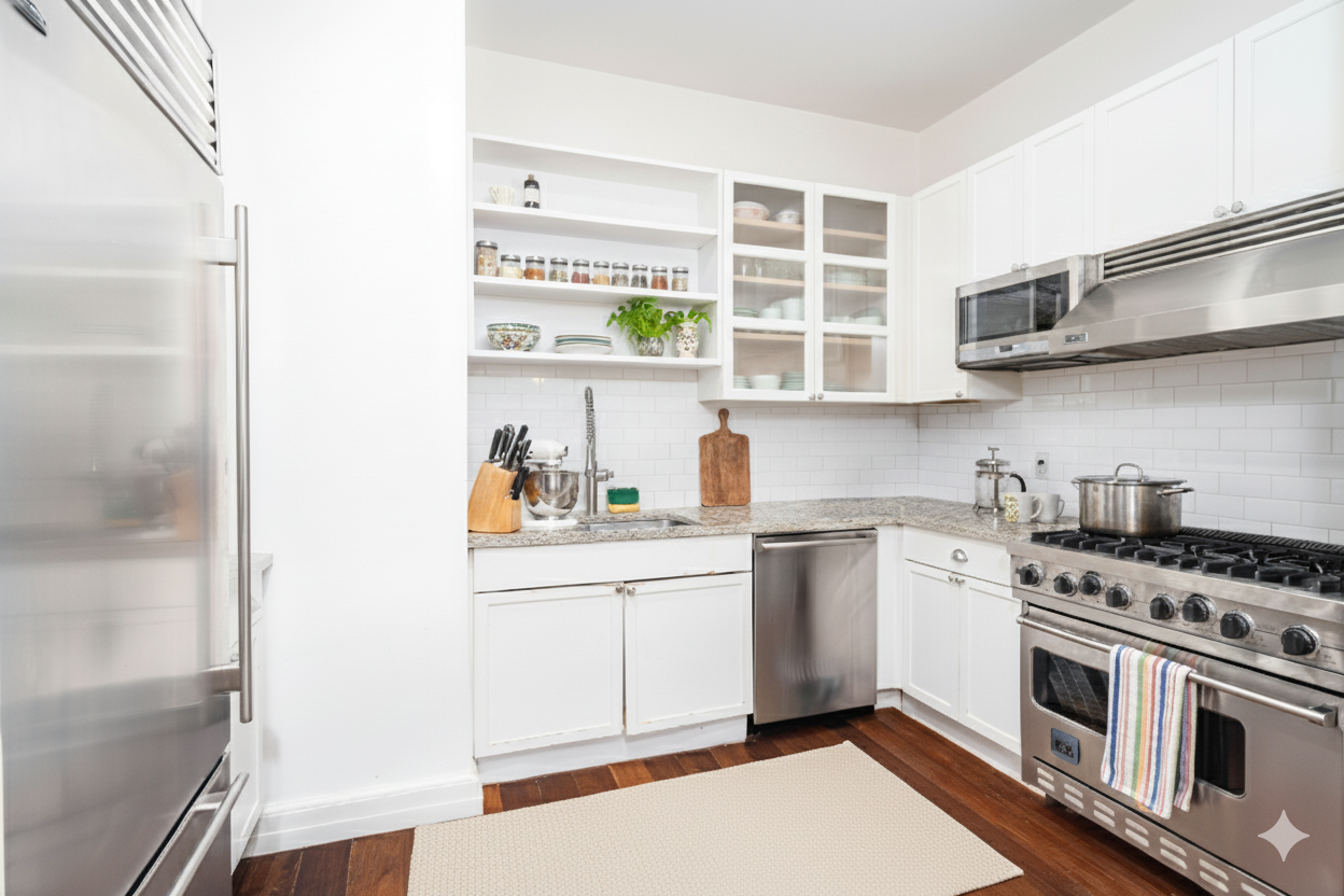 2112 Broadway, Unit 5F Manhattan, NY 10023 - Photo 4 of 9 a kitchen with stainless steel appliances a stove a sink and a refrigerator