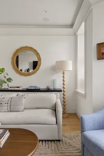 a living room with a couch and a potted plant