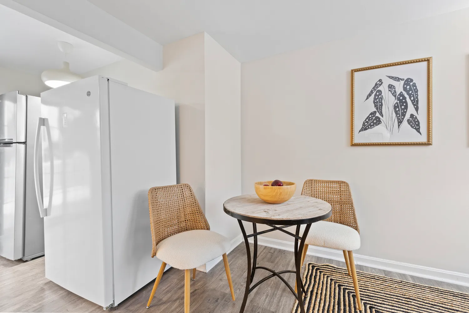 a workspace with furniture and a rug