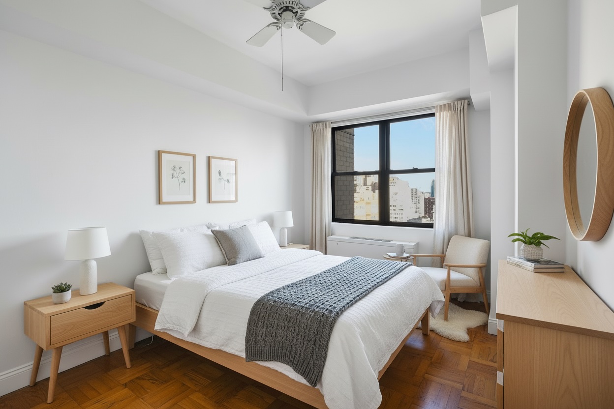 201 East 21st Street, Unit 20G Manhattan, NY 10010 - Photo 7 of 10 a bedroom with a bed and a window