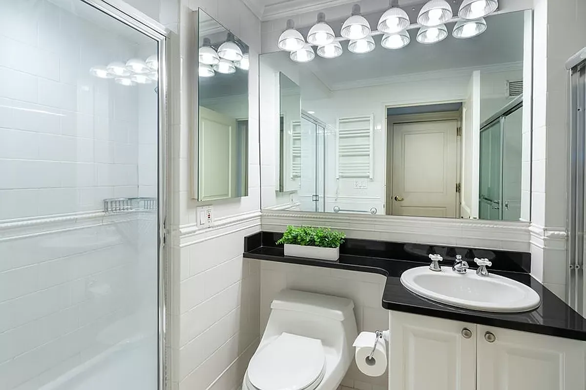 404 East 76th Street, Unit 30C Manhattan, NY 10021 - Photo 16 of 24 a bathroom with a sink and a mirror with toilet