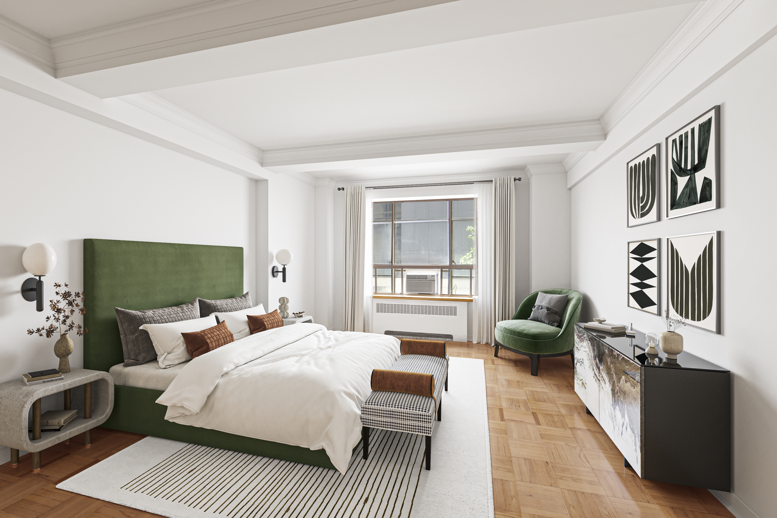 45 West 54th Street, Unit 3CD Manhattan, NY 10019 - Photo 5 of 14 a bedroom with a bed a couch and dresser