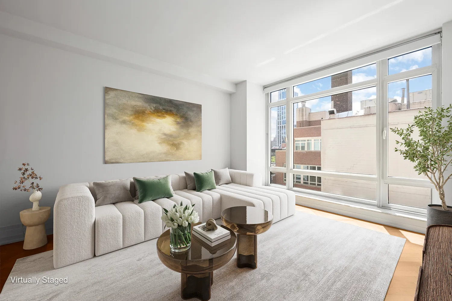 a living room with furniture and a large window with outer view