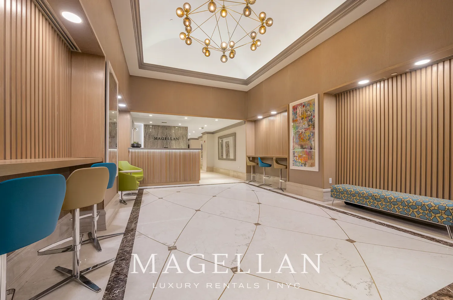 a view of a dining room with furniture and a window