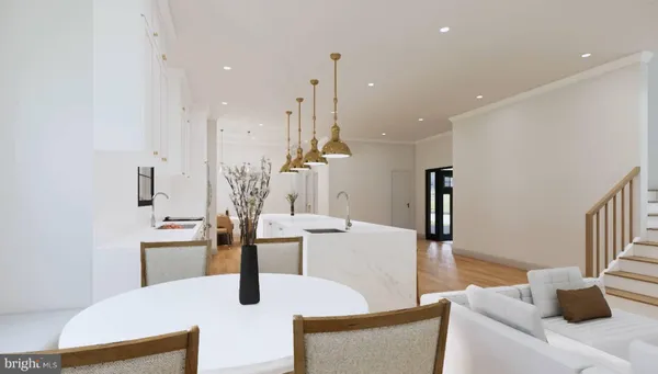 a dining room with furniture and wooden floor