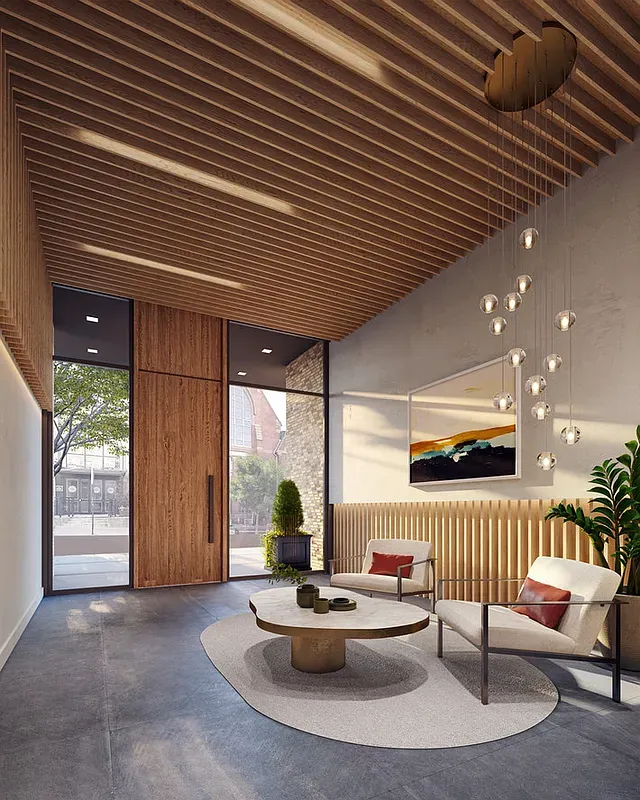 a lobby with furniture and window