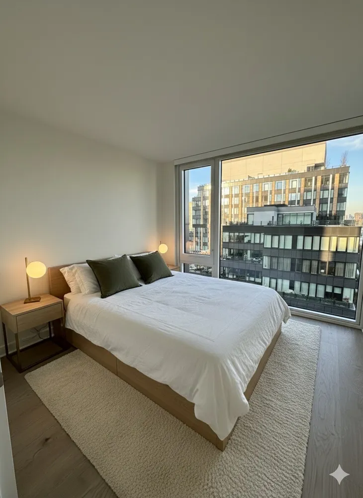 a bedroom with a large bed and a large window