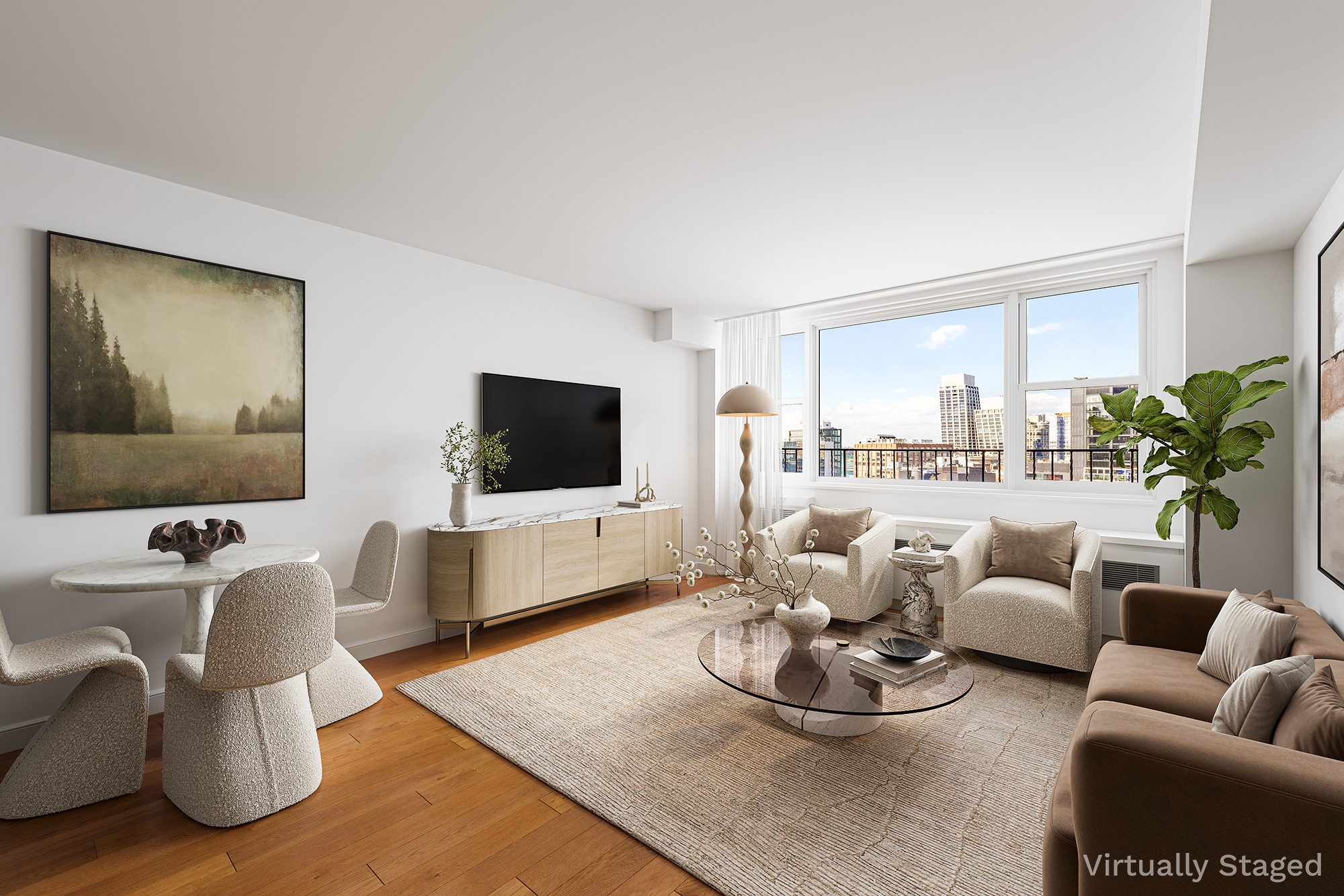 61 Jane Street, Unit 19J Manhattan, NY 10014 - Photo 1 of 16 a living room with furniture and a flat screen tv
