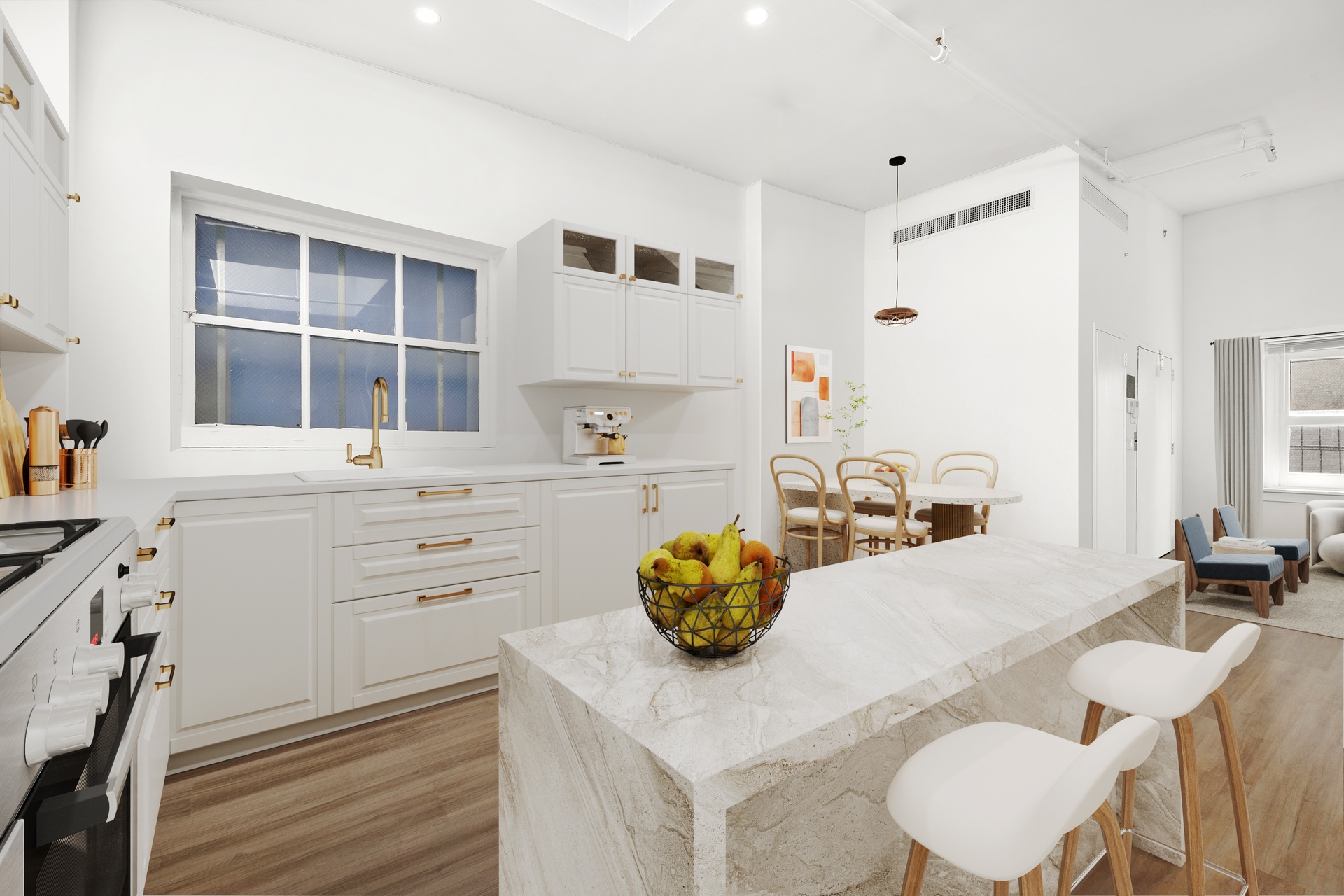 99 Spring Street, Unit PH Manhattan, NY 10012 - Photo 8 of 23 a kitchen with a sink stove and white cabinets