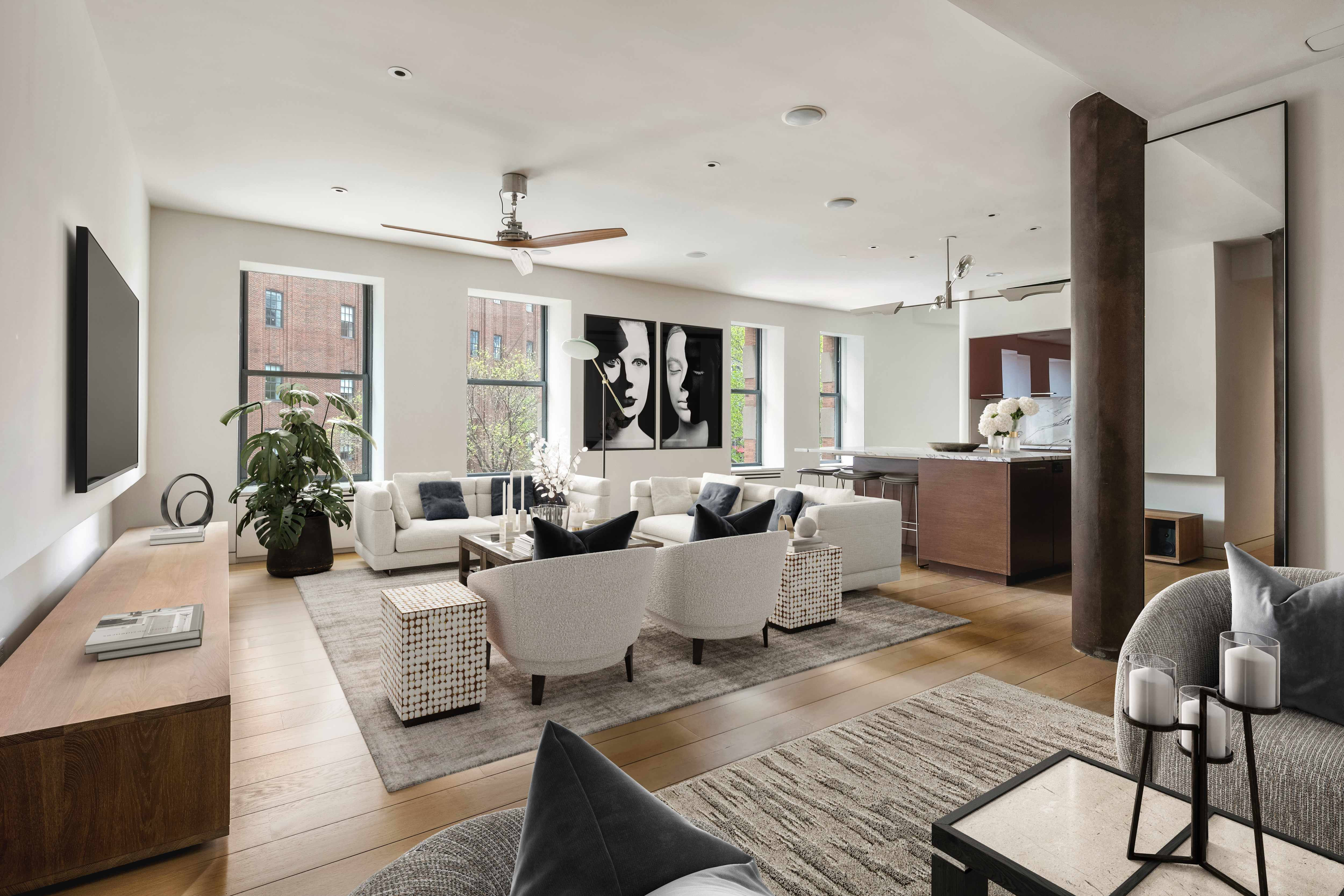 260 West Broadway, Unit 2/3B Manhattan, NY 10013 - Photo 11 of 21 a living room with furniture two large window and a table