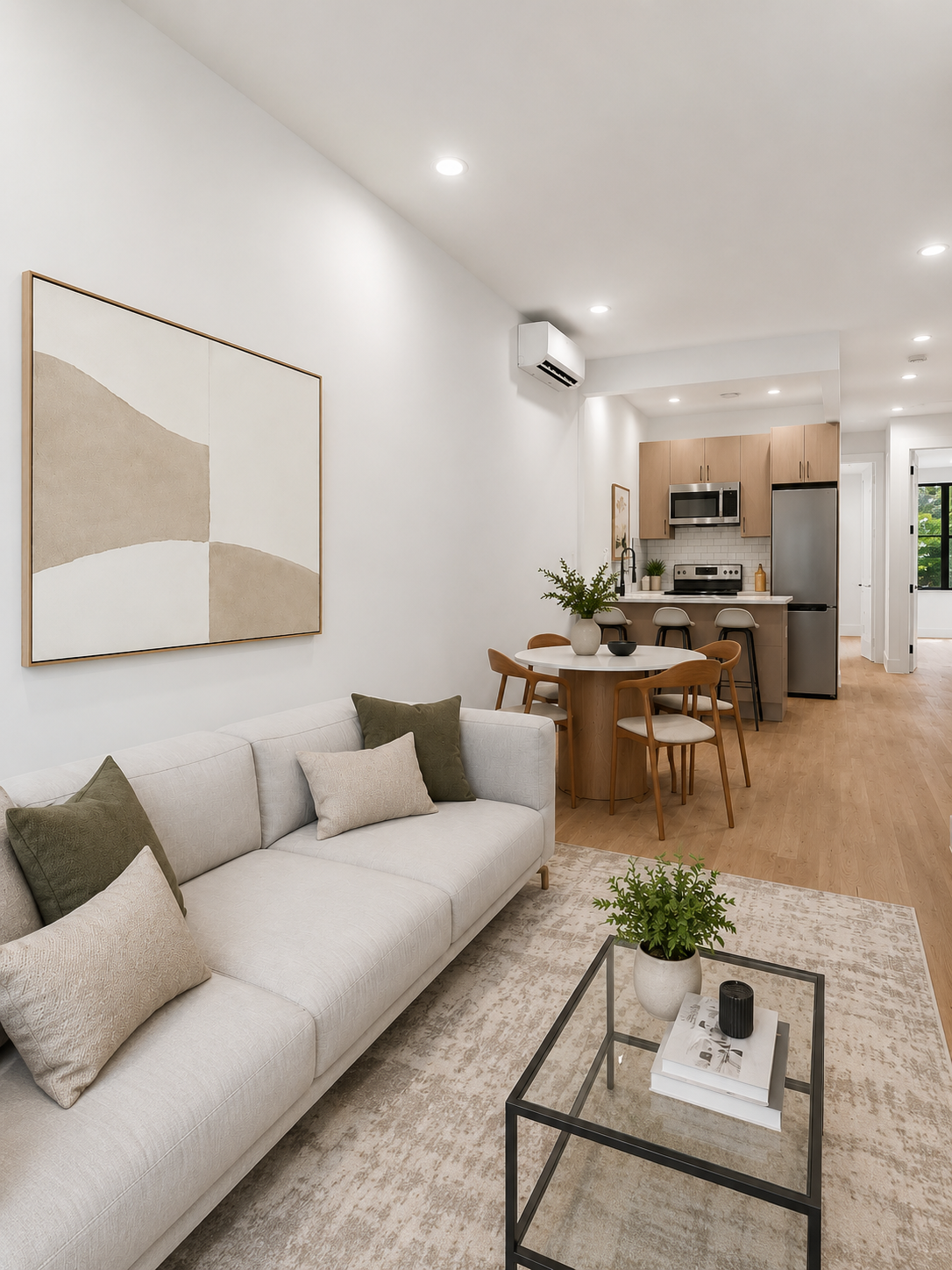 a living room with couches and kitchen view with wooden floor