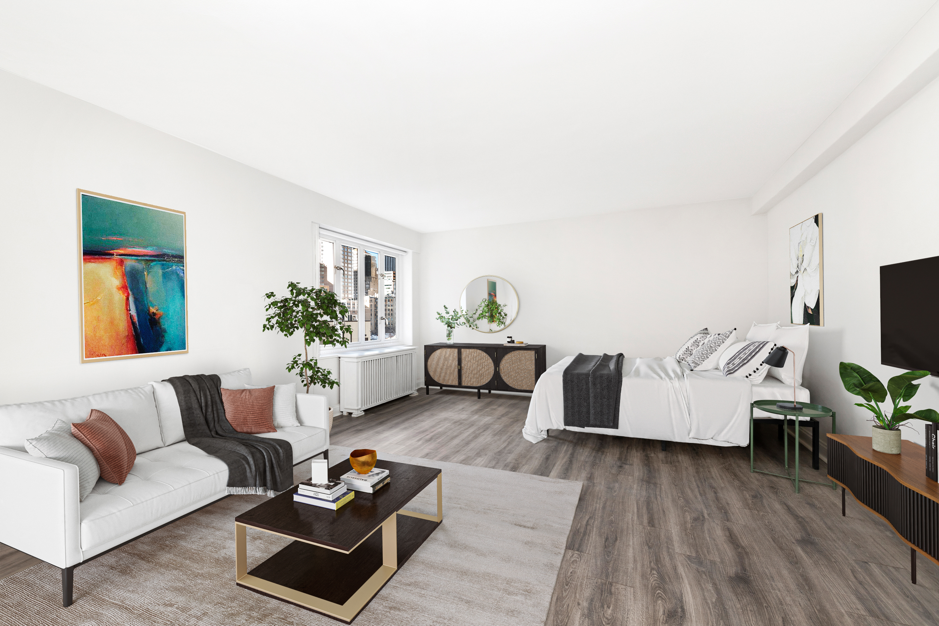 166 East 63rd Street, Unit 10L Manhattan, NY 10065 - Photo 2 of 7 a living room with furniture and a flat screen tv