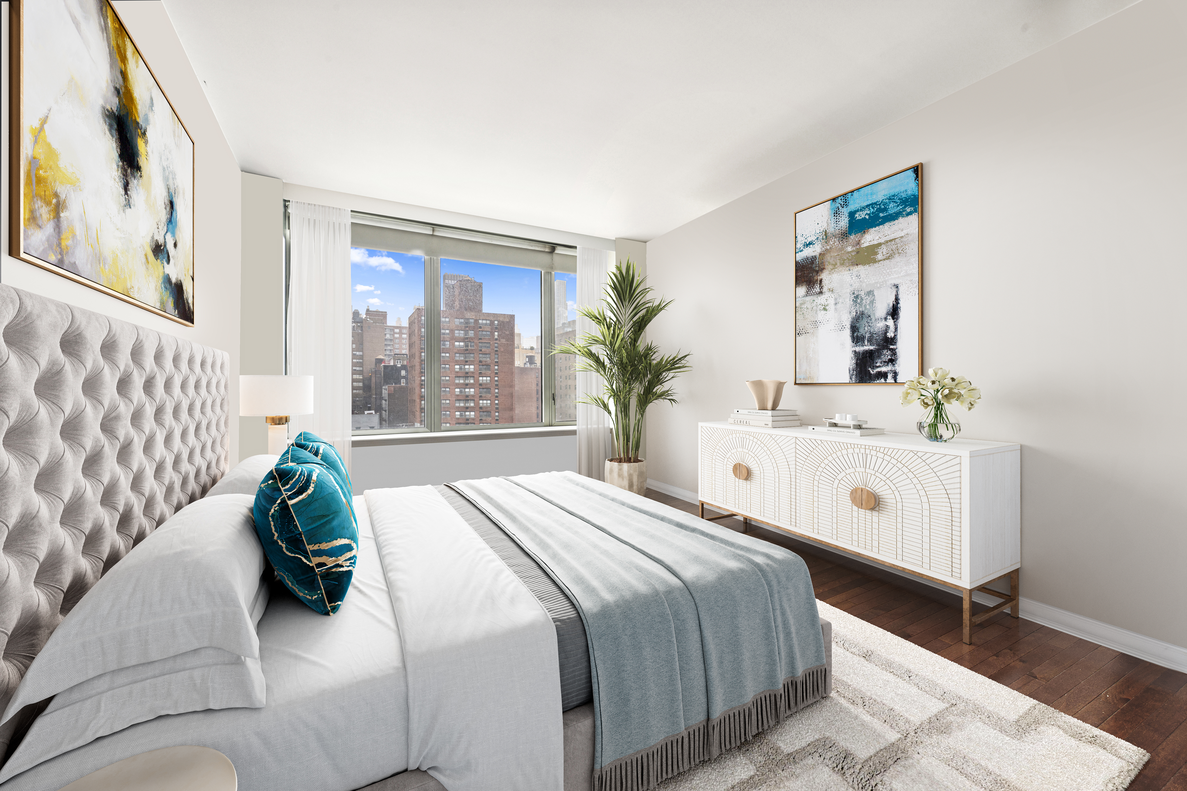 225 East 34th Street, Unit 9C Manhattan, NY 10016 - Photo 6 of 19 a bedroom with a large bed and a large window