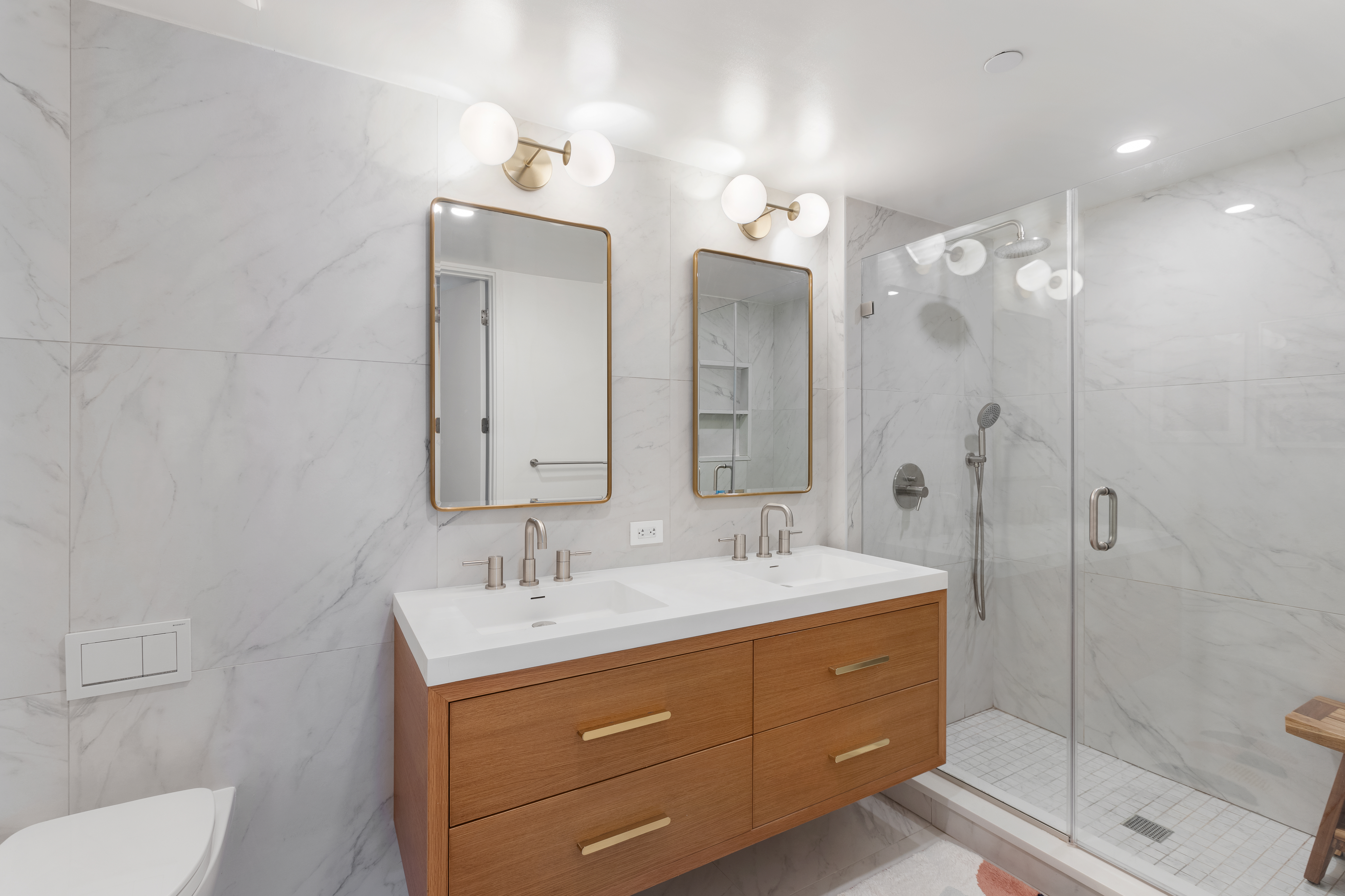 120 Java Street, Unit 3B Brooklyn, NY 11222 - Photo 8 of 15 a bathroom with a double vanity sink mirror and shower