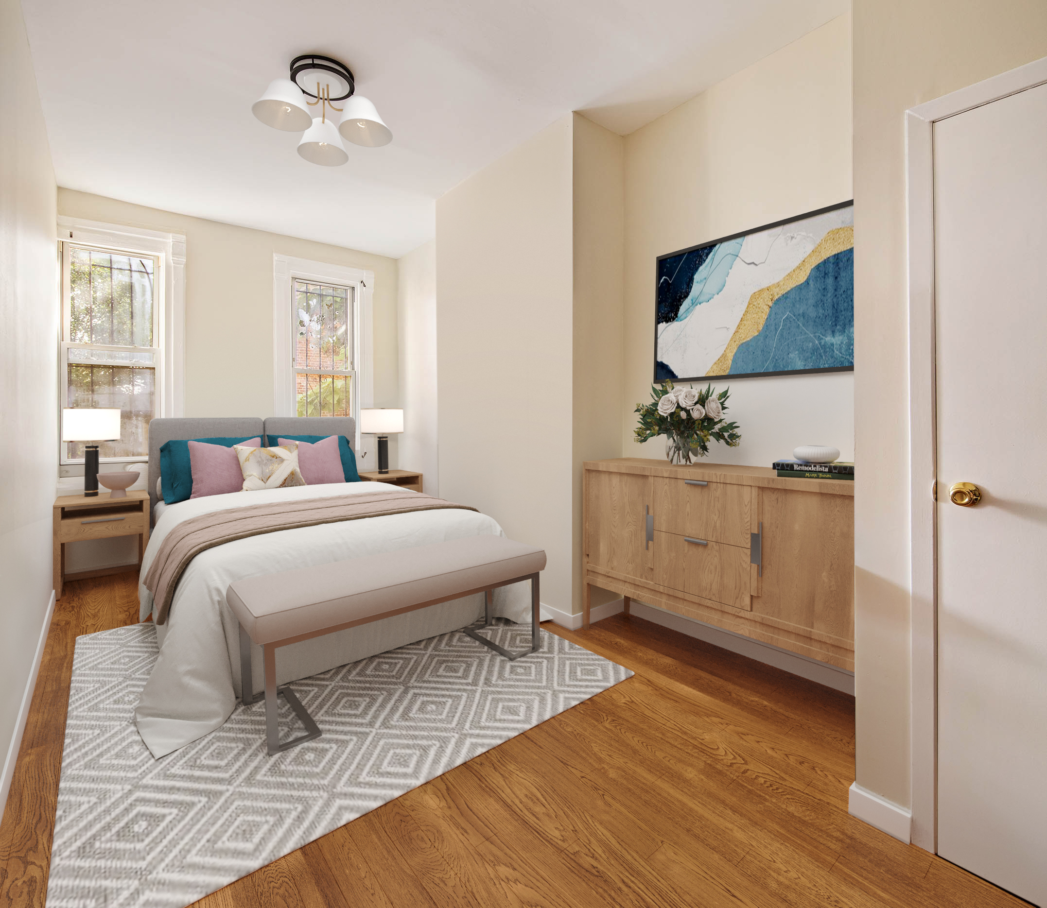 1008 Bushwick Avenue Brooklyn, NY 11221 - Photo 6 of 11 a bedroom with a bed and a flat screen tv