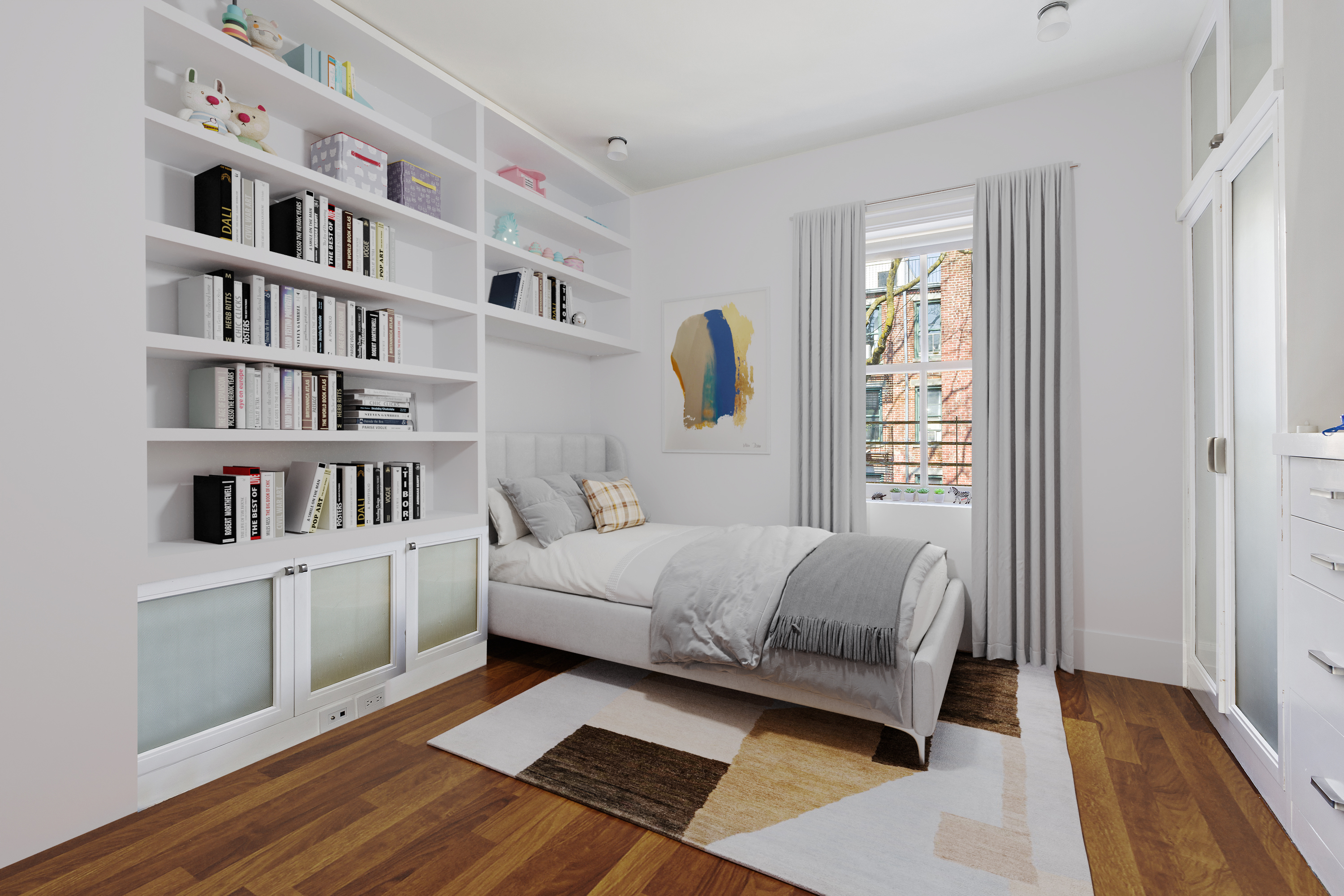 83 Jane Street Manhattan, NY 10014 - Photo 21 of 29 a bedroom with a bed and a book shelf