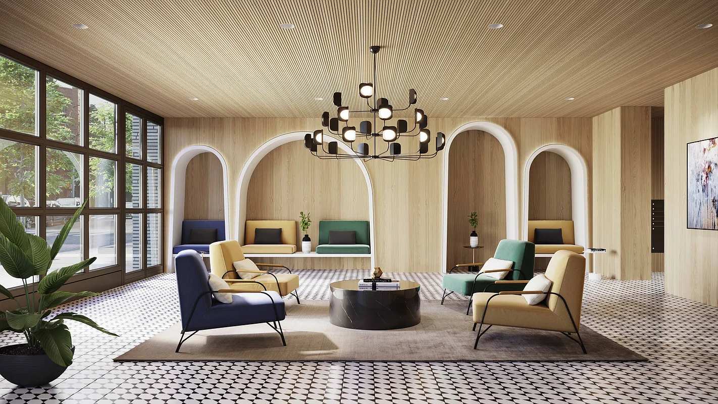 229 9th Street, Unit 601 Brooklyn, NY 11215 - Photo 8 of 13 a living room with furniture a chandelier and a large window