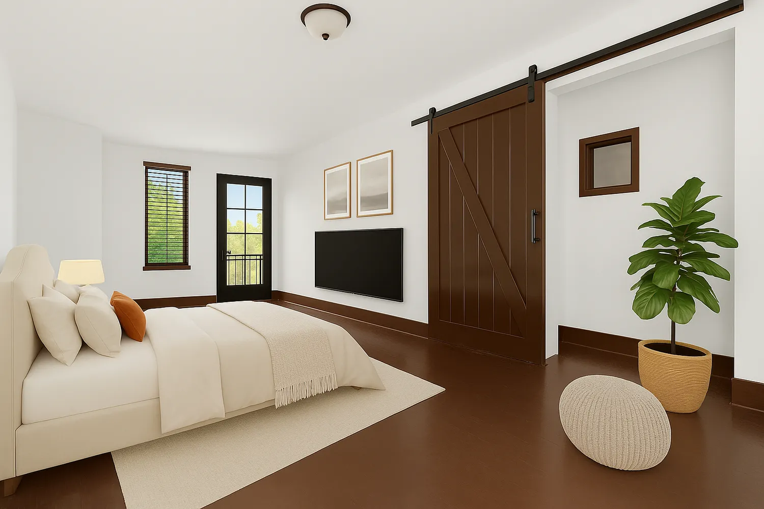 a bedroom with a bed window and a potted plant