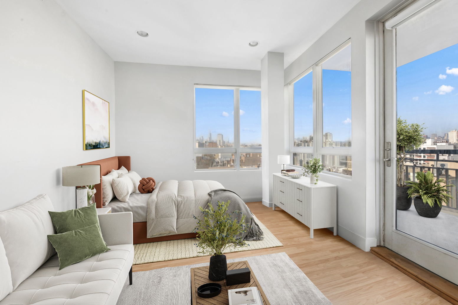 a living room with furniture and a potted plant