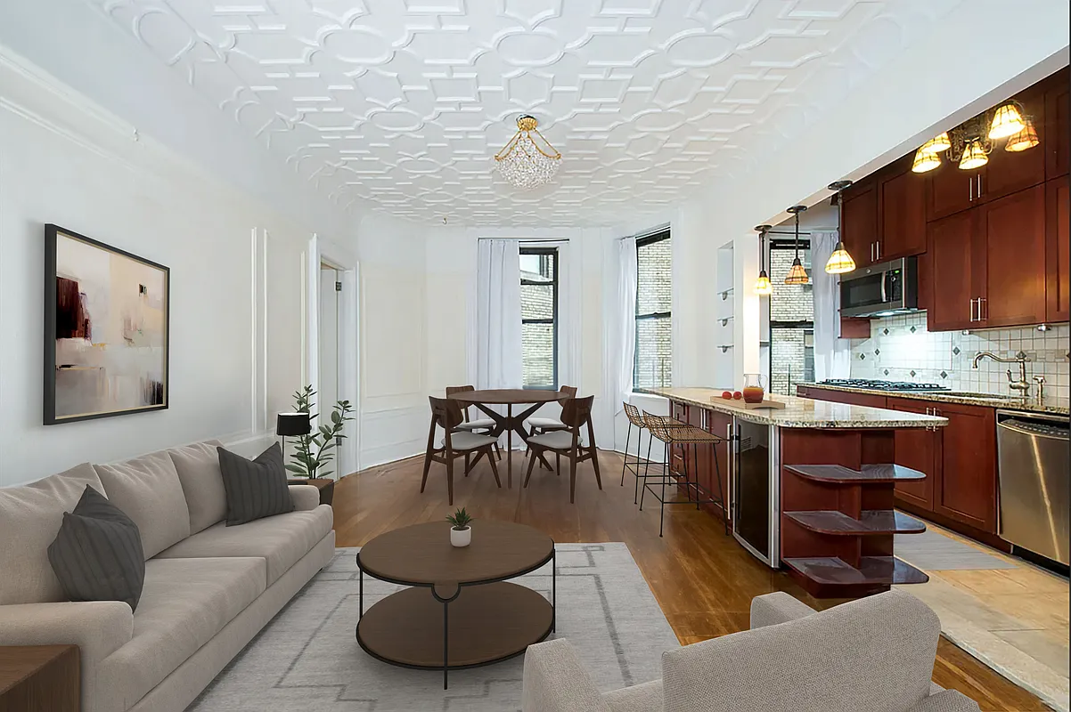 a living room with furniture a dining table and kitchen view