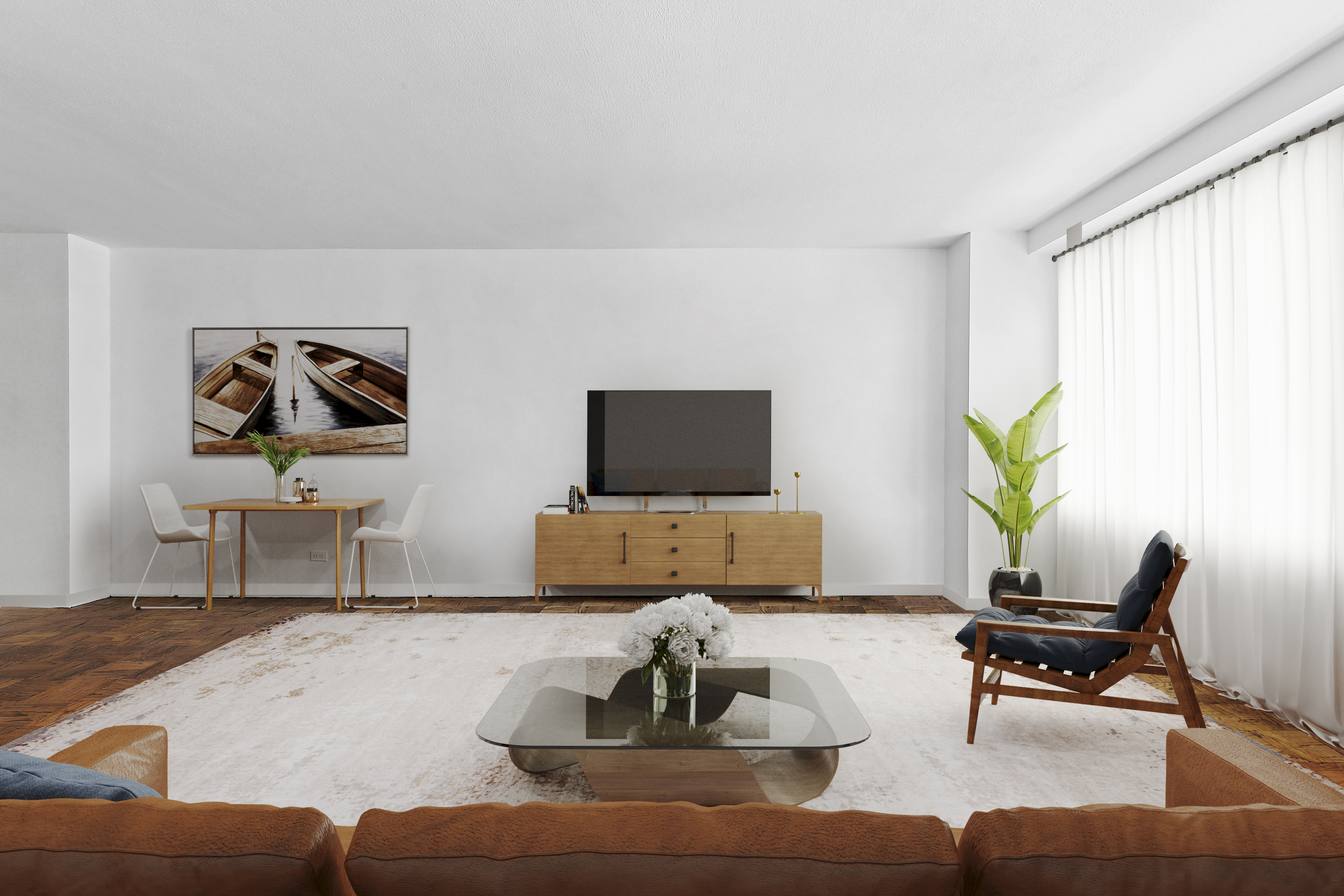 225 East 57th Street, Unit 4P Manhattan, NY 10022 - Photo 2 of 7 a living room with furniture and a flat screen tv