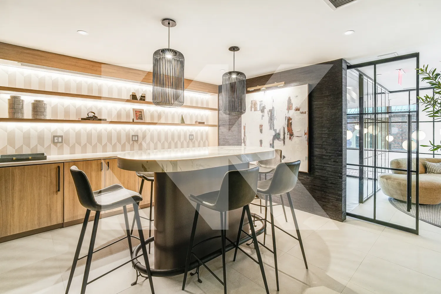 a dining room with furniture and window