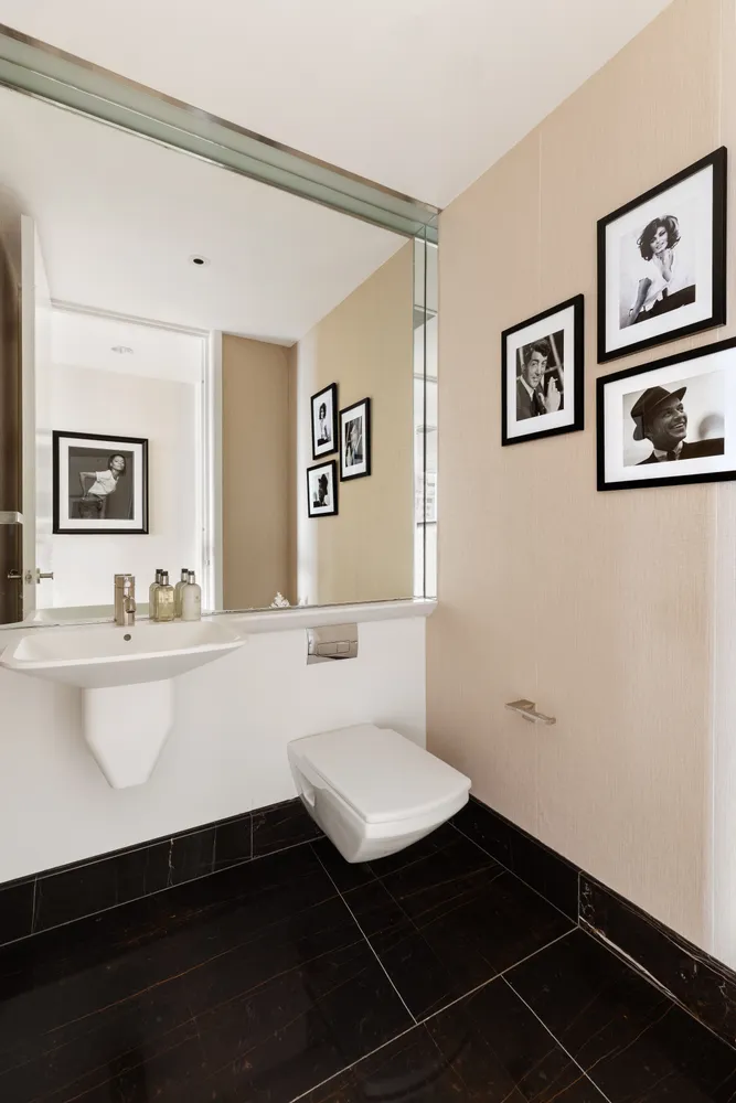 a bathroom with a sink a toilet a mirror and vanity