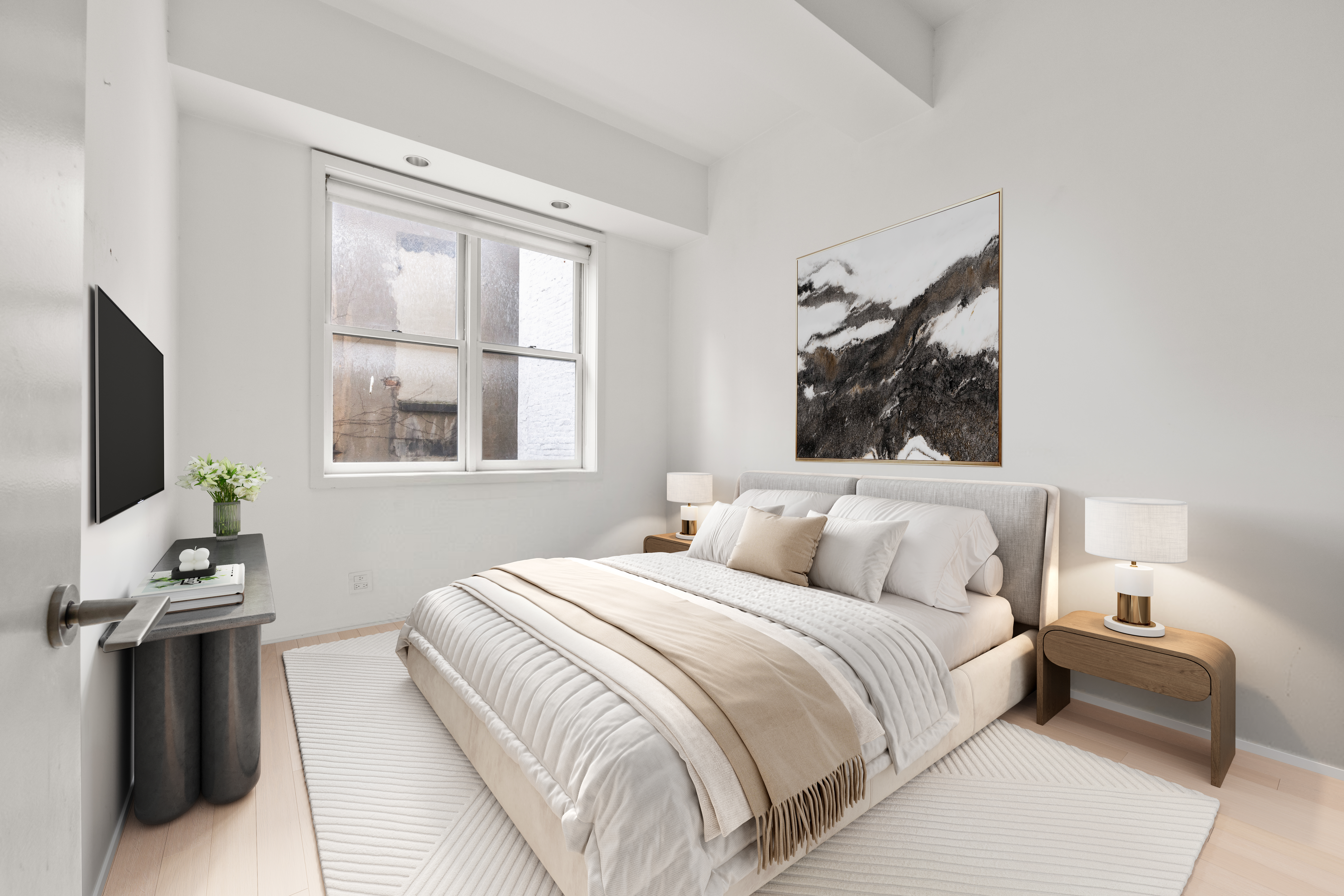 35 Vestry Street, Unit 4 Manhattan, NY 10013 - Photo 7 of 11 a bedroom with a bed and a flat tv screen