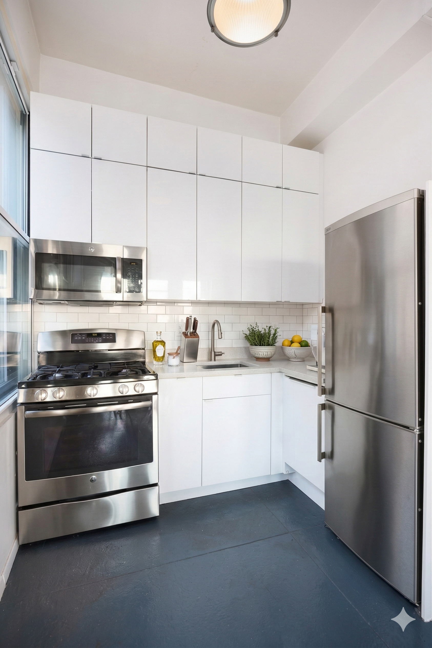 315 7th Avenue, Unit 17A Manhattan, NY 10001 - Photo 4 of 12 a kitchen with stainless steel appliances granite countertop a refrigerator a stove a sink and a granite counter tops