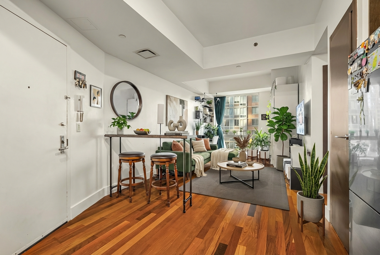 150 Myrtle Avenue, Unit 304 Brooklyn, NY 11201 - Photo 2 of 22 a living room with furniture a potted plant and a large window